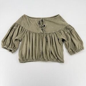 We The Free Boho Peasant Top Tie Neck Olive Green Cotton M